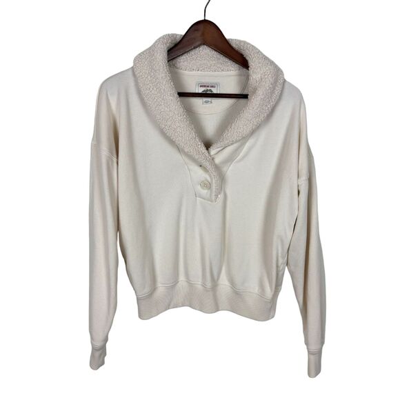 American Eagle Henley Sherpa Collar Cream Sweater Women’s Small - Picture 3 of 7
